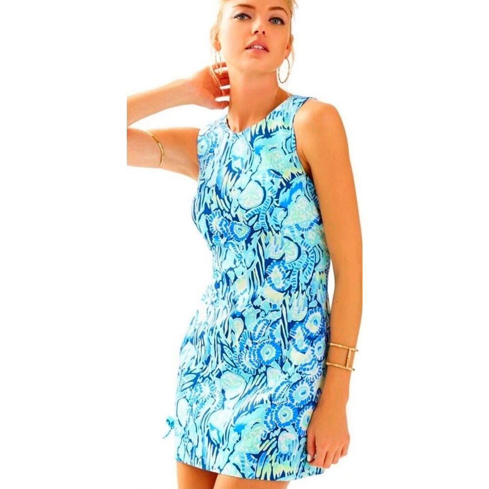 Lilly Pulitzer Mila Shift Dress Shells Ocean Blue Gold Sand Dollars Tropical 8